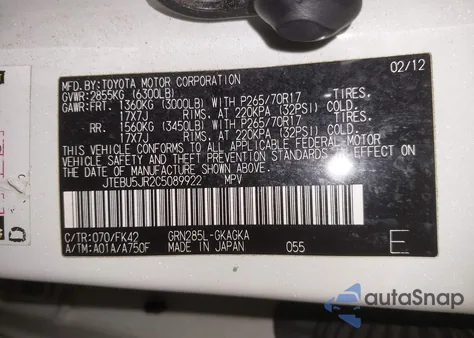 2012 Toyota 4Runner Sr5 из США, поврежденный, VIN JTEBU5JR2C5089922